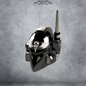 A black sci-fi helmet adorned with a silver skull and wings emblem, antenna, and metallic accents floats against a textured gray background. This eye-catching design showcases the V.7 Eagle - Sable Sentry Helmet (3D Print | Files Only), available for digital download. The text “CRAWDADDY COSPLAY” appears faintly at the top of the image.
