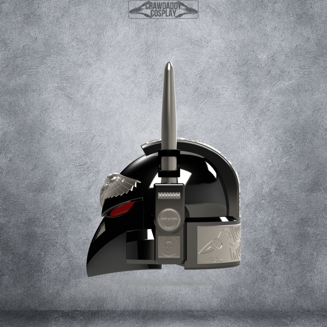 Behold the V.7 Eagle - Sable Sentry Helmet (3D Print | Files Only): a black and silver futuristic helmet featuring a single upright antenna, striking red eye details, and ornate engravings, displayed against a textured gray background. This impressive piece is available as digital download 3D print files—perfect for your collection or cosplay projects.