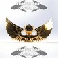Gold and black emblem with wings on a white background, featuring 'Crawdaddy Cosplay' branding.