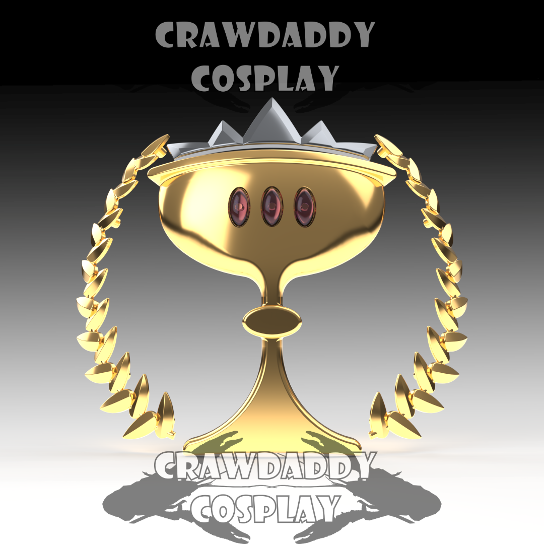 Gold chalice with red gemstones surrounded by gold leaves on a gray background with 'Crawdaddy Cosplay' branding.