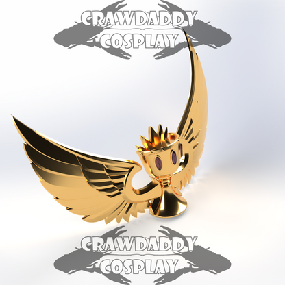 Gold emblem with wings and a crown on a white background, featuring 'Crawdaddy Cosplay' branding.