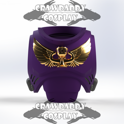 Purple and gold helmet with winged emblem on a white background, featuring 'Crawdaddy Cosplay' branding.