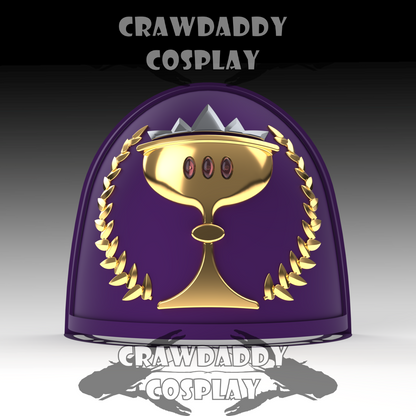 Cosplay prop with gold chalice design on a purple background, branded 'Crawdaddy Cosplay'.
