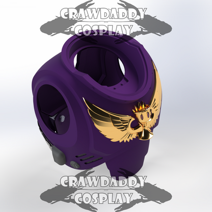Purple and gold helmet with a winged creature design on a light gray background, featuring 'Crawdaddy Cosplay' branding.