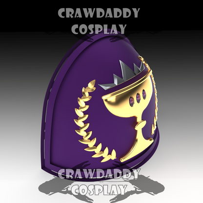 Purple and gold helmet with decorative elements on a gradient background, branded 'Crawdaddy Cosplay'.