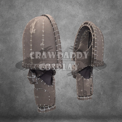 A digital rendering of a tactical armor pattern for the arms, featuring stitching details and a wrist strap, intended to be constructed from EVA foam.