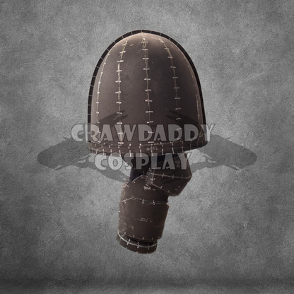 Black and white model of a helmet with intricate detailing on a textured gray background, branded 'Crawdaddy Cosplay'.