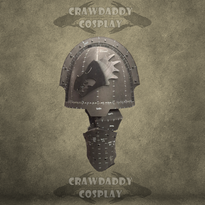 Cosplay armor piece on a textured brown background with 'Crawdaddy Cosplay' branding.