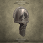 Cosplay helmet with intricate design on a textured brown background, featuring the Crawdaddy Cosplay logo.