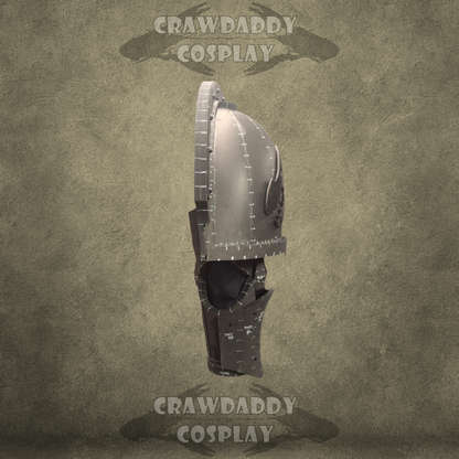 Cosplay armor piece on a textured brown background with 'Crawdaddy Cosplay' branding.