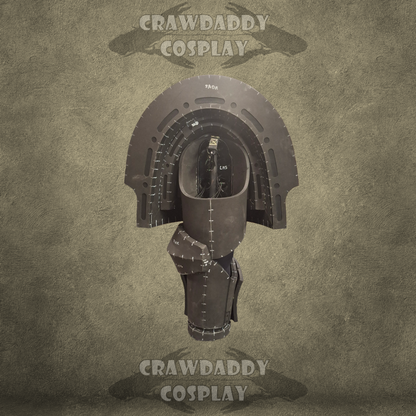 Cosplay costume piece on a textured brown background with 'Crawdaddy Cosplay' branding.