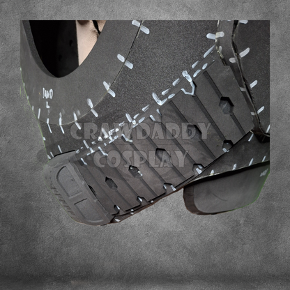 Black tactical vest with white stitching on a gray background, featuring 'Crazy Daddy Cosplay' branding.