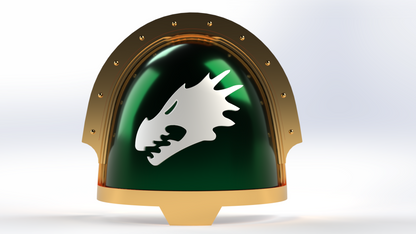 Decorative helmet with green faceplate and white emblem on a light gray background