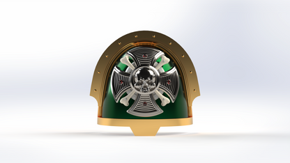 Decorative object with a gold and green design on a white background