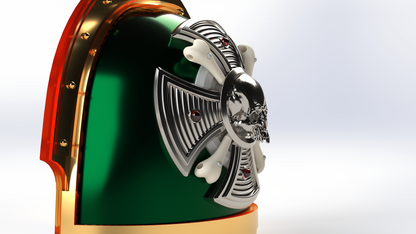 Close-up of a green and gold helmet with intricate design on a white background