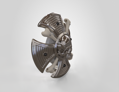 Metallic engine component with a skull design on a white background