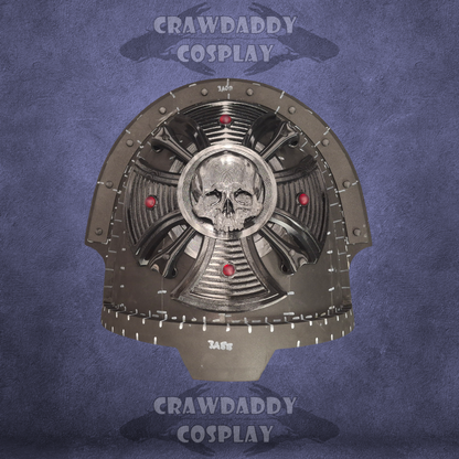 Cosplay helmet with skull design on a blue textured background, featuring 'Crawdaddy Cosplay' branding.