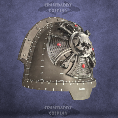 Decorative helmet with skull design on a dark blue background, featuring 'Crawdaddy Cosplay' branding.
