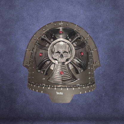 A black, sci-fi helmet dome with a central silver skull emblem, red circular accents, and intricate mechanical design incorporates the V.10 Cross of the End Shoulder Detail (3D Print | Files Only), inspired by 3D-printable Galactic Warriors, all set against a textured purple background.