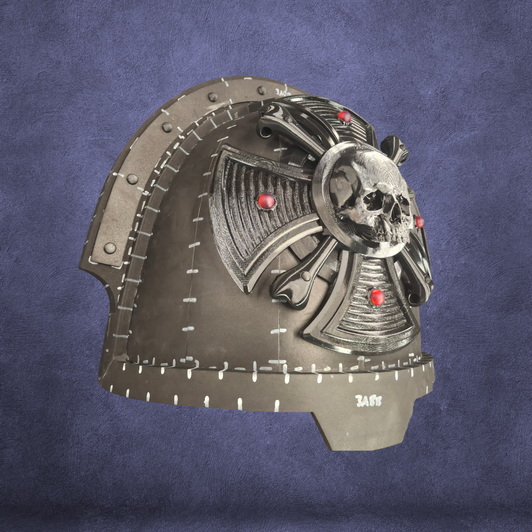 Introducing the V.10 Cross of the End Shoulder Detail (3D Print | Files Only): a black medieval-inspired helmet featuring intricate metal stitching, a prominent silver skull motif, striking red gem embellishments, Tactical Cross Shoulder Detail, and a bold cross design on the front—all set against a textured dark blue background.