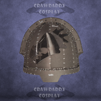 Cosplay helmet with intricate design on a blue textured background, featuring 'Crawdaddy Cosplay' branding.
