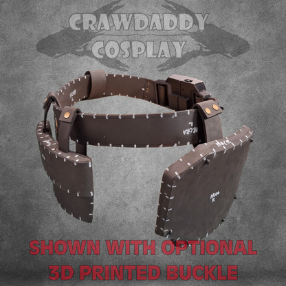 Brown leather belt with optional 3D printed buckle on a gray background, featuring 'Crawdaddy Cosplay' branding.