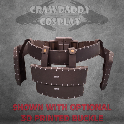 Brown leather belt with optional 3D printed buckle on a gray background, featuring 'Crawdaddy Cosplay' branding.