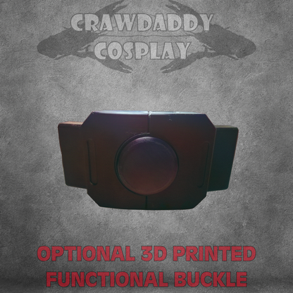 Black belt buckle with 'Crawdaddy Cosplay' logo and text on a gray background