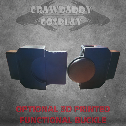 Optional 3D printed functional buckle with 'Crawdaddy Cosplay' branding on a gray background.