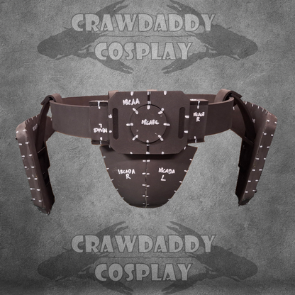 Cosplay costume belt with detailed design on a gray background with 'Crawdaddy Cosplay' branding.
