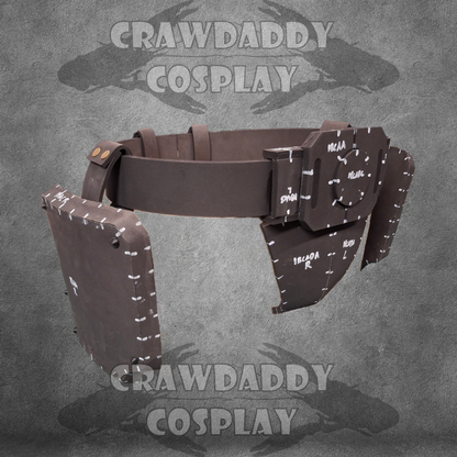 Cosplay belt with attached pouches on a gray background with 'Crawdaddy Cosplay' branding.