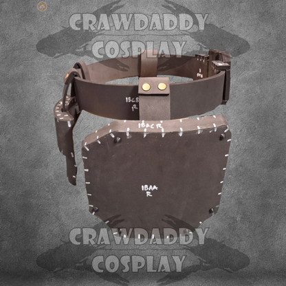 Brown leather belt with attached shield on a gray background, branded 'Crawdaddy Cosplay'.