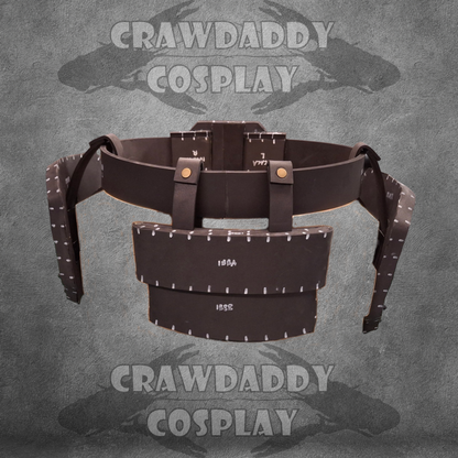 Brown leather belt with multiple pouches on a gray background with 'Crawdaddy Cosplay' branding.