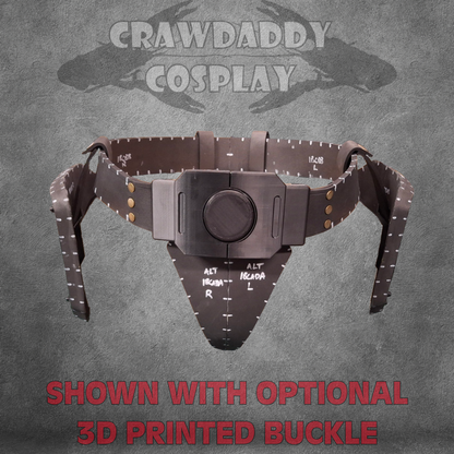 Cosplay costume belt with optional 3D printed buckle on a textured gray background with 'Crawdaddy Cosplay' branding.