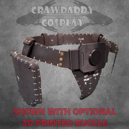 Cosplay belt with optional 3D printed buckle on a textured gray background, featuring 'Crawdaddy Cosplay' branding.