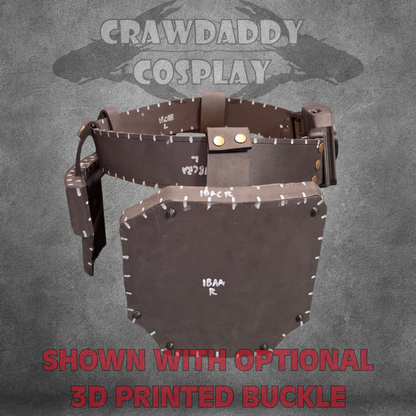 Cosplay belt with optional 3D printed buckle on a textured gray background, featuring 'Crawdaddy Cosplay' branding.
