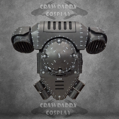 Metallic robot chest piece on a textured gray background with 'Crawdaddy Cosplay' branding.