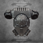 Metallic robot chest piece on a textured gray background with 'Crawdaddy Cosplay' branding.