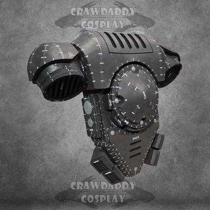 Cosplay prop resembling a mechanical arm on a textured gray background with 'Crawdaddy Cosplay' branding.