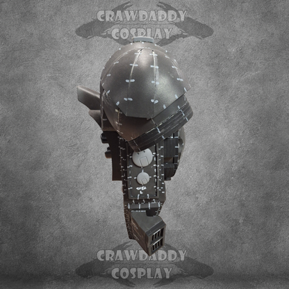 Cosplay helmet with detailed design on a gray background, featuring the brand 'Crawdaddy Cosplay'.