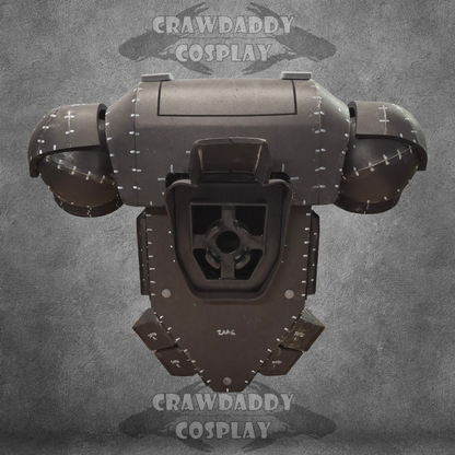 Cosplay costume headpiece with intricate design on a gray background, branded 'Crawdaddy Cosplay'.