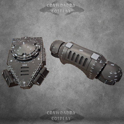 Steampunk-style mechanical arm and control panel on a textured gray background with 'Crawdaddy Cosplay' branding.