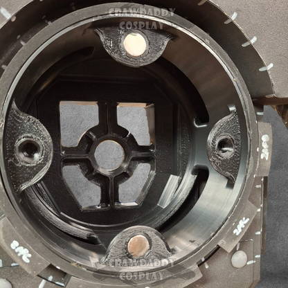 Close-up of a mechanical component with 'Crawdaddy Cosplay' branding.