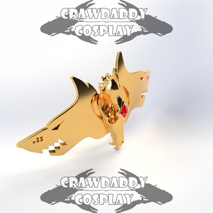 Gold shark-shaped pendant with red gem on a white background, branded 'Crawdaddy Cosplay'.