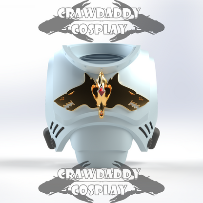 Cosplay costume with shark design on a white background, featuring 'Crawdaddy Cosplay' branding.