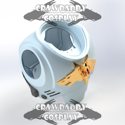 Cosplay helmet with gold accents on a light gray background, featuring 'Crawdaddy Cosplay' branding.
