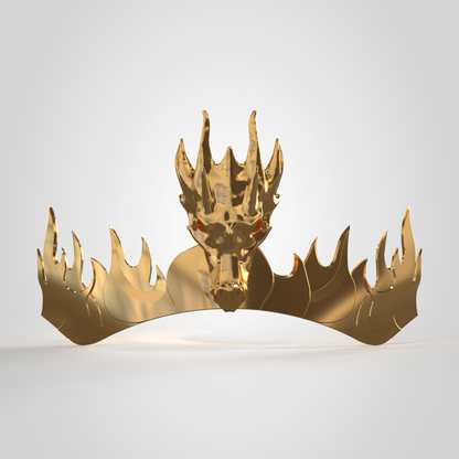 A shiny gold crown featuring a central dragon head and flame-like spikes extending from both sides, inspired by the intricate design of the V.10 Fire Lizards Chest Detail (3D Print | Files Only), set against a plain light background.