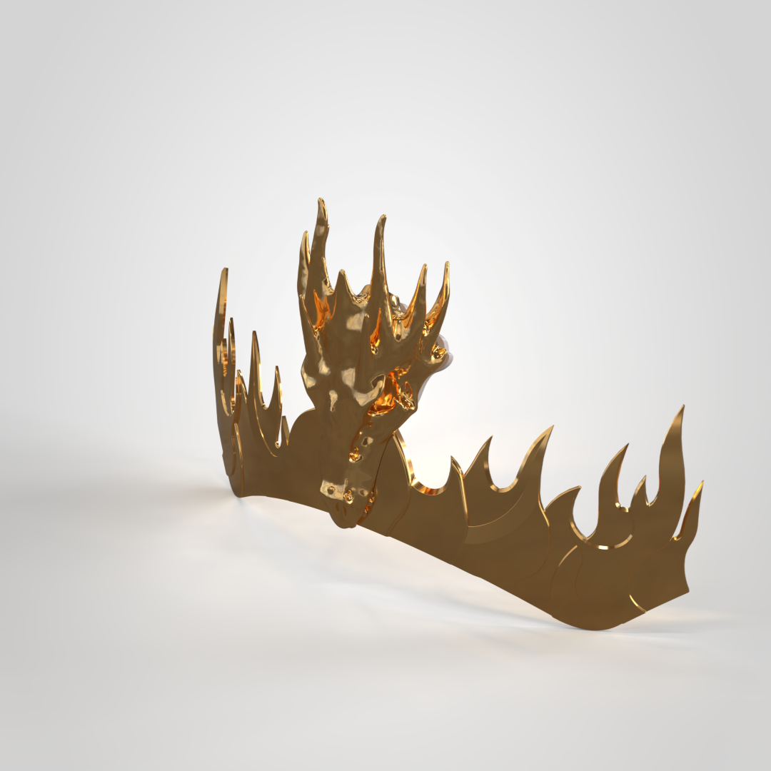 A striking gold crown featuring large, jagged, flame-like spikes rests on a plain white surface, its shiny metallic finish reflecting light and echoing the bold aesthetic of the V.10 Fire Lizards Chest Detail from 3D-printable Galactic Warriors files.