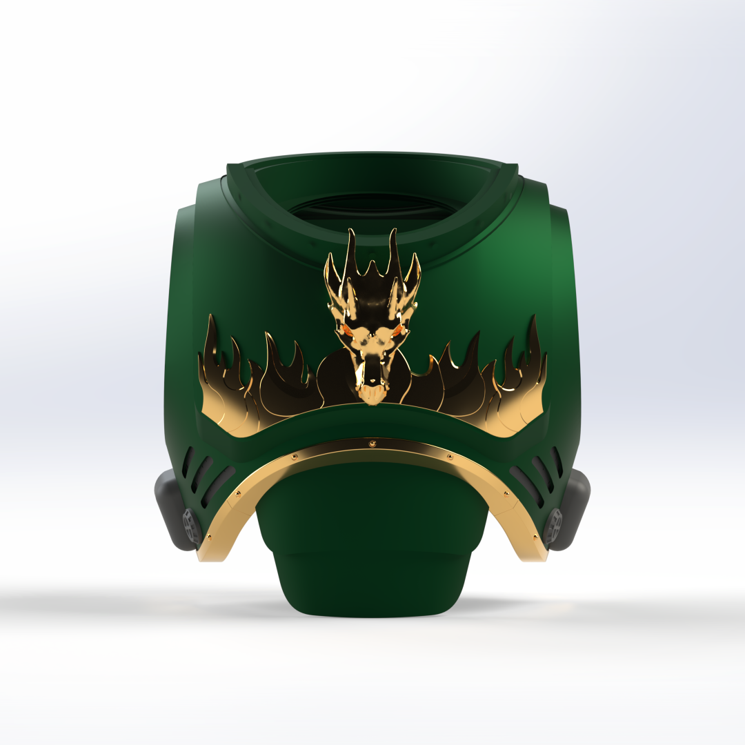 A green and gold armored chest plate, inspired by the V.10 Fire Lizards Chest Detail (3D Print | Files Only), features a metallic dragon head emblem with flame-like decorations on the front against a white background. Perfect for enthusiasts seeking a 3D-printable Galactic Warriors Chest Remaster Pattern.