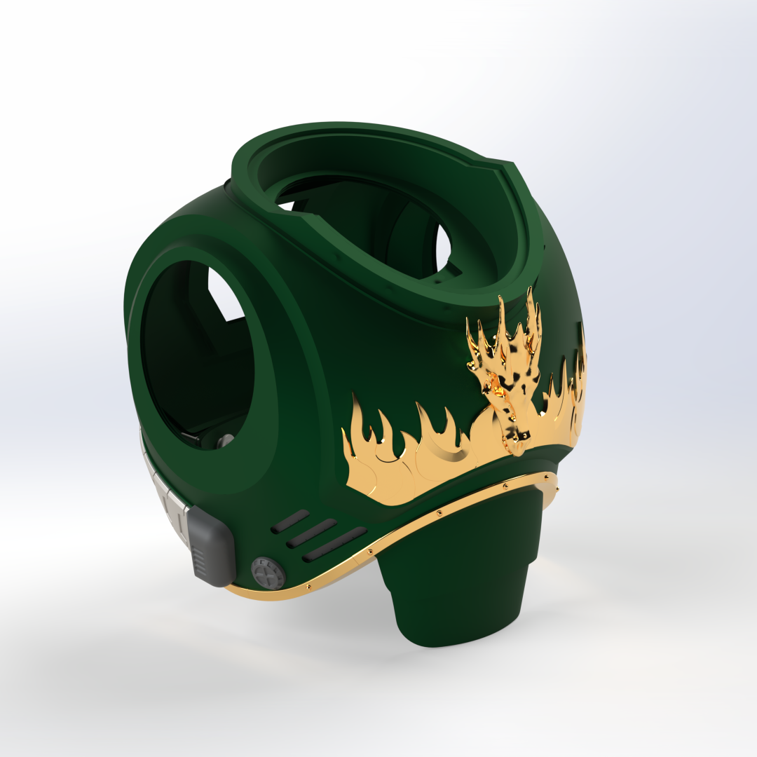 A dark green, futuristic chest armor piece adorned with gold flame patterns and intricate technological details—resembling the V.10 Fire Lizards Chest Detail (3D Print | Files Only)—is displayed on a white background.